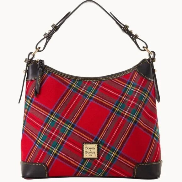 Dooney & Bourke Handbags - Dooney & Bourke Tartan Plaid Medium Hobo Bag Red Black